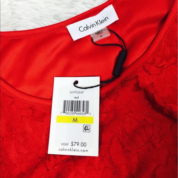 CALVIN KLEIN Red Floral Lace Long Sleeve Top NWT Size MEDIUM Mesh $79 - Picture 2 of 5